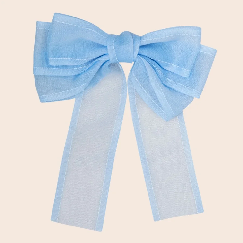 Light Blue Sheer Ribbon Hair Bow French Barrette Clip Long Tail Accessory Kids